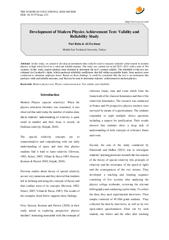 (PDF) Development of Modern Physics Achievement Test: Validity and ...