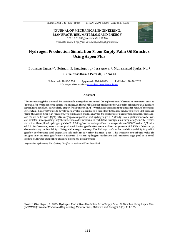 (PDF) Hydrogen Production Simulation From Empty Palm Oil Bunches Using ...