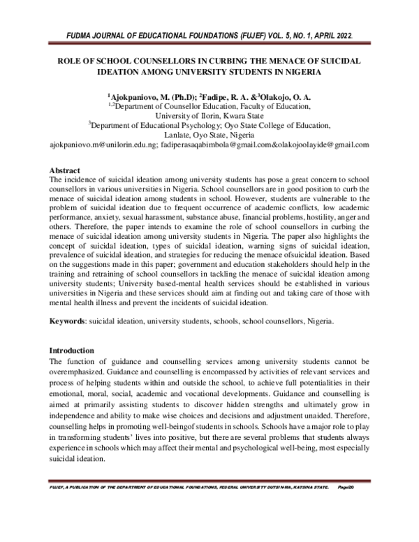 (PDF) ROLE OF SCHOOL COUNSELLORS IN CURBING THE MENACE OF SUICIDAL ...