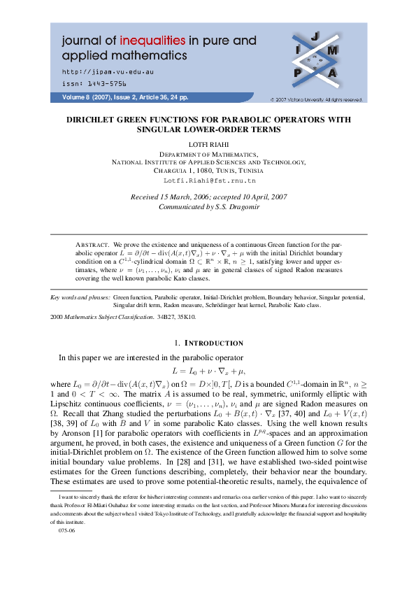 (PDF) Dirichlet Green Functions for Parabolic Operators with Singular ...