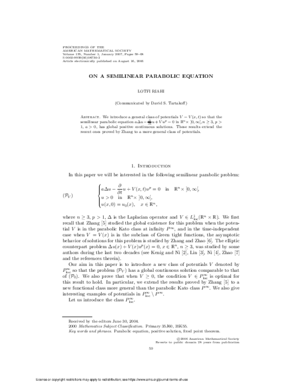 (PDF) On a semilinear parabolic equation