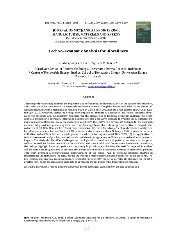 (PDF) Techno-Economic Analysis for Biorefinery