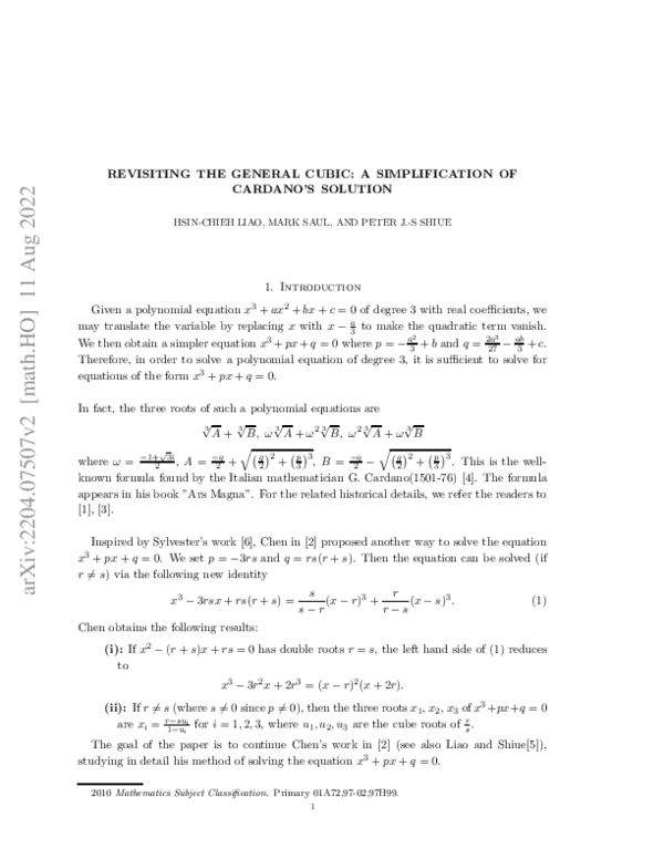 (PDF) Revisiting the general cubic: A simplification of Cardano's solution