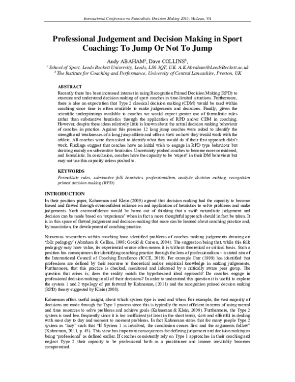 (PDF) Professional Judgement and Decision Making in Sport Coaching: To ...