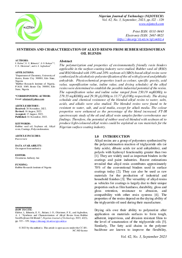 (PDF) Synthesis and characterization of alkyd resins from rubber seed ...