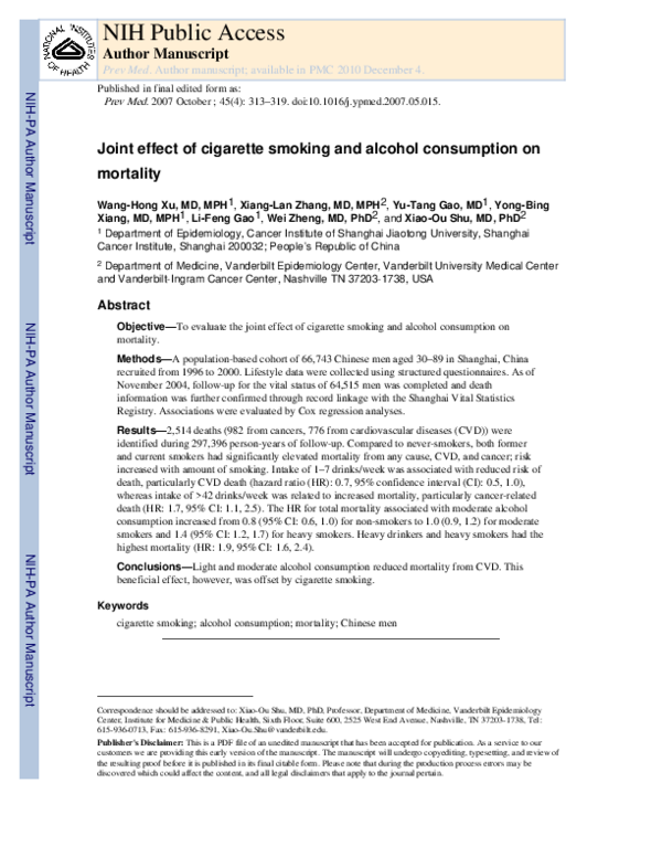 (PDF) Joint effect of cigarette smoking and alcohol consumption on ...