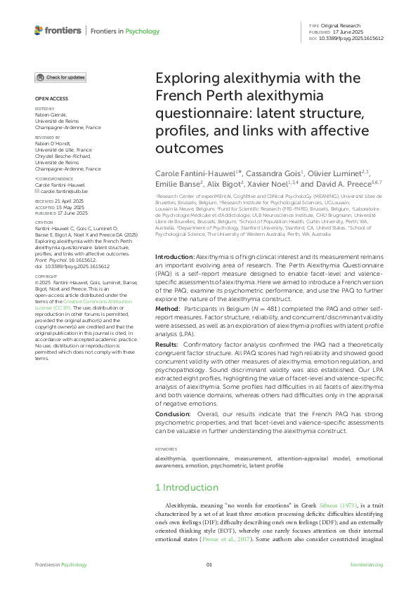 (PDF) Exploring alexithymia with the French Perth alexithymia ...