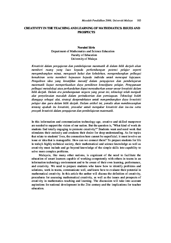 (PDF) CREATIVITY IN THE TEACHING AND LEARNING OF MATHEMATICS: ISSUES ...