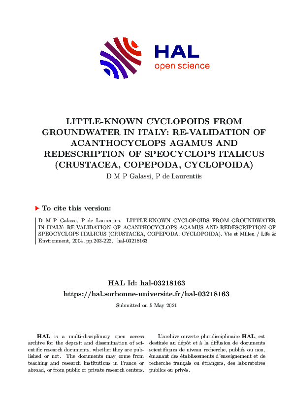 (PDF) Little-known cyclopoids from groundwater in Italy: Re-validation ...