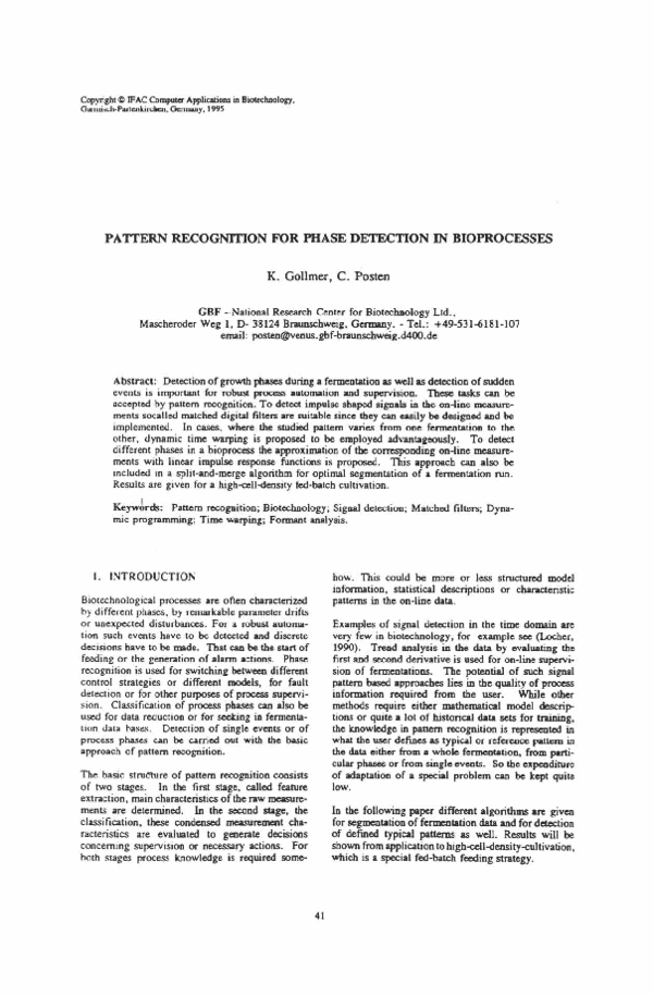 (PDF) Pattern Recognition for Phase Detection in Bioprocesses