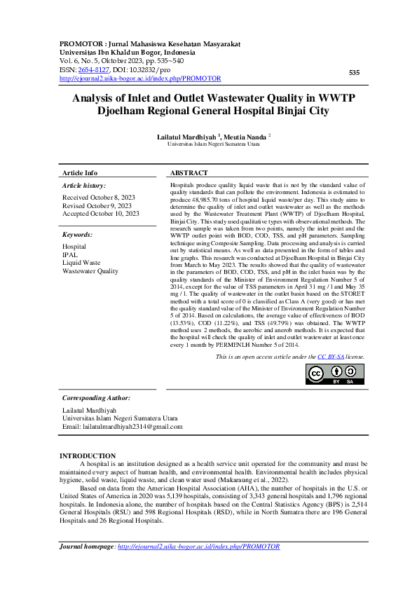 (PDF) Analysis of Inlet and Outlet Wastewater Quality in WWTP Djoelham ...