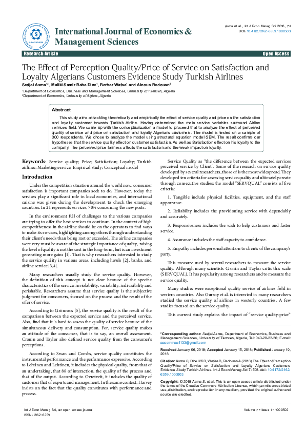 (PDF) The Effect of Perception Quality/Price of Service on Satisfaction ...