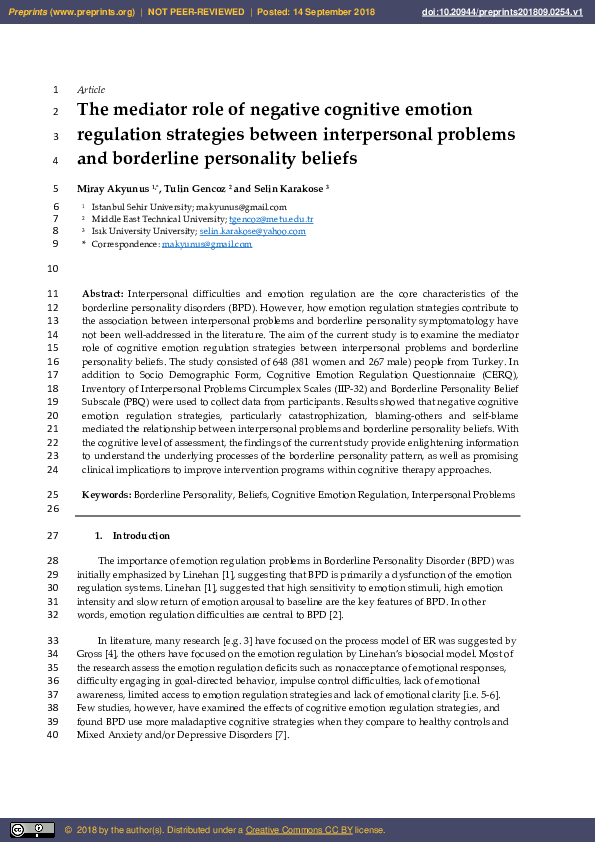 (PDF) The Mediator Role of Negative Cognitive Emotion Regulation ...