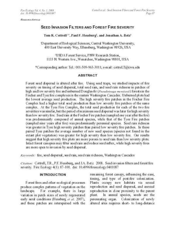 (PDF) Seed Invasion Filters and Forest Fire Severity
