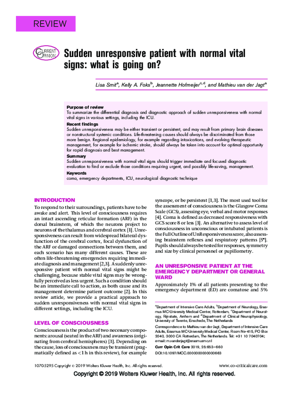 (PDF) Sudden unresponsive patient with normal vital signs: what is ...