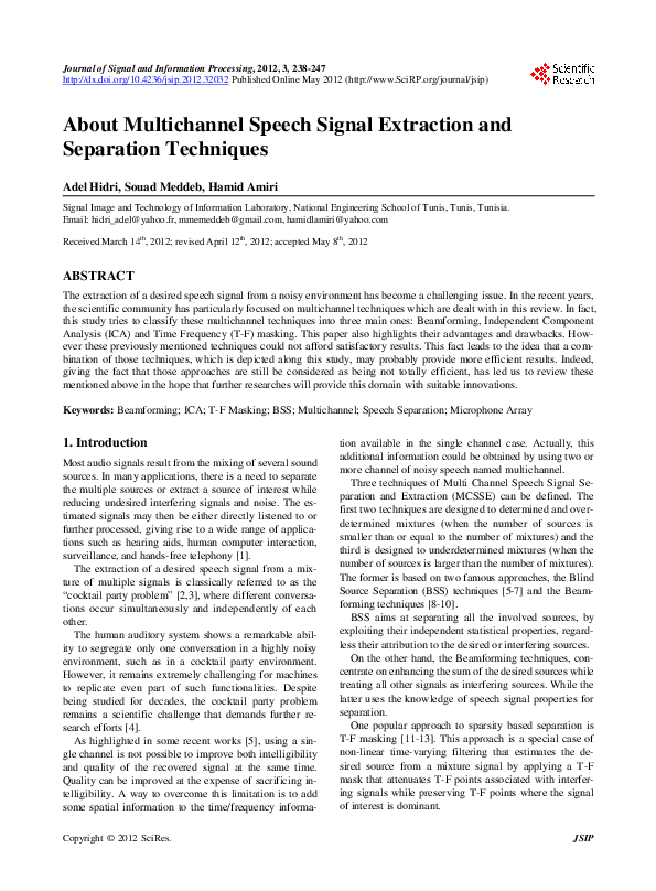 (PDF) About Multichannel Speech Signal Extraction and Separation Techniques