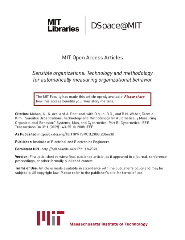 (PDF) Sensible Organizations: Technology and Methodology for ...
