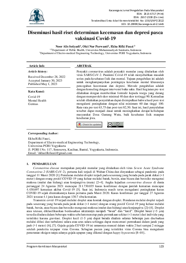 (PDF) Diseminasi hasil riset determinan kecemasan dan depresi pasca ...