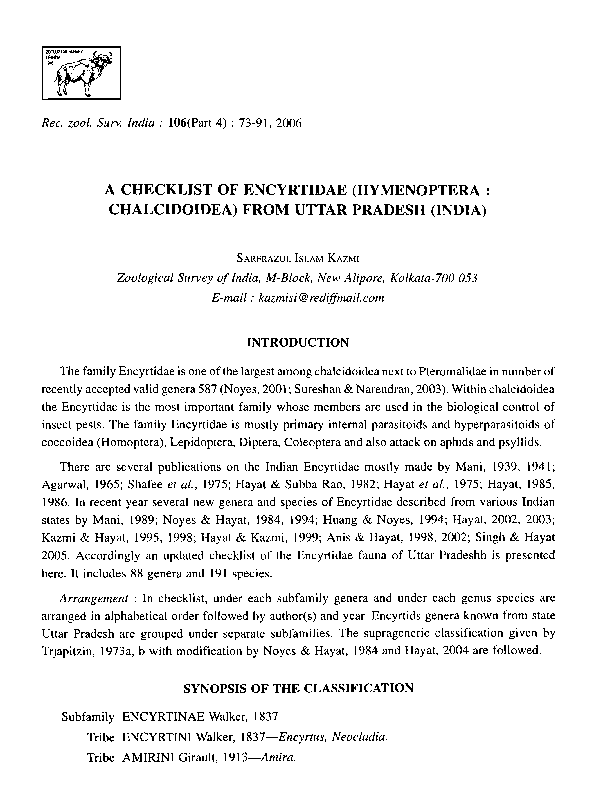 (PDF) A Checklist of Encyrtidae (Hymenoptera: Chalcidoidea) from Uttar ...