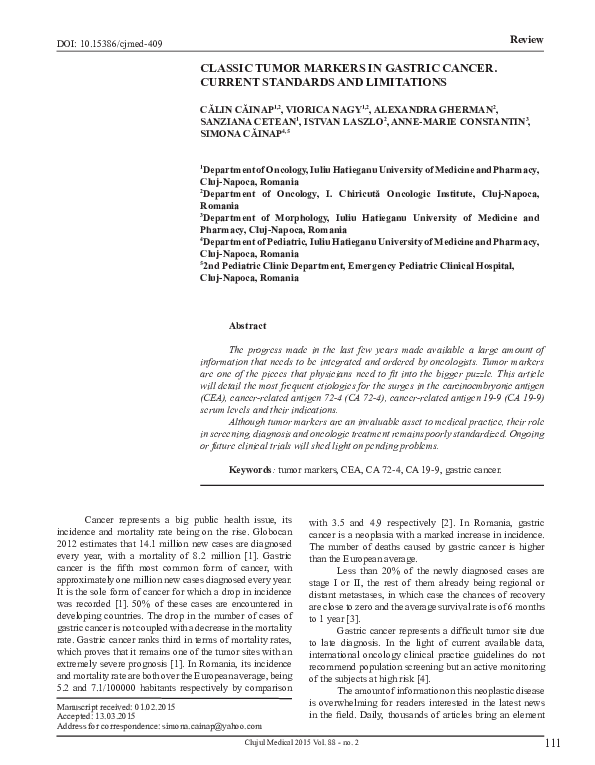 (PDF) Classic Tumor Markers in Gastric Cancer. Current Standards and ...