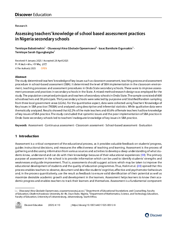 Pdf Assessing Teachers Knowledge Of School Based Assessment