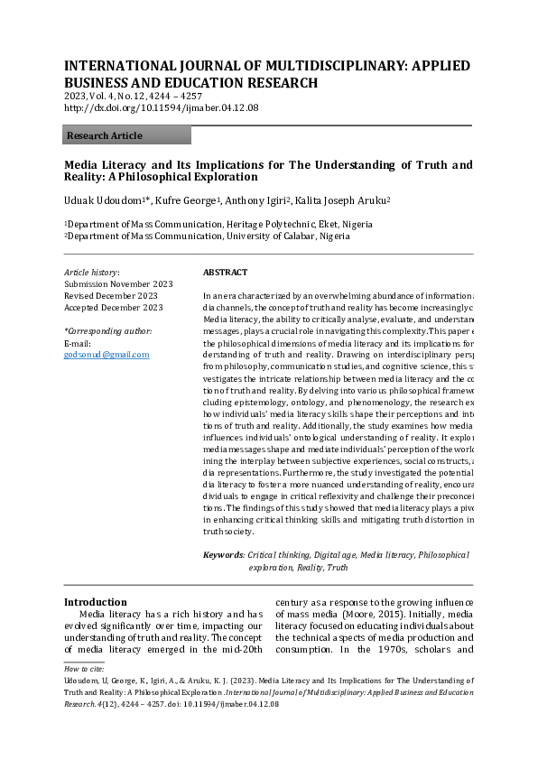 (PDF) Media Literacy and Its Implications for The Understanding of ...