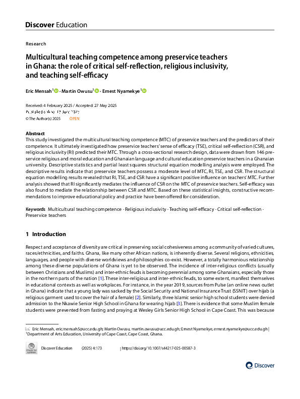 (PDF) Multicultural teaching competence among preservice teachers in ...