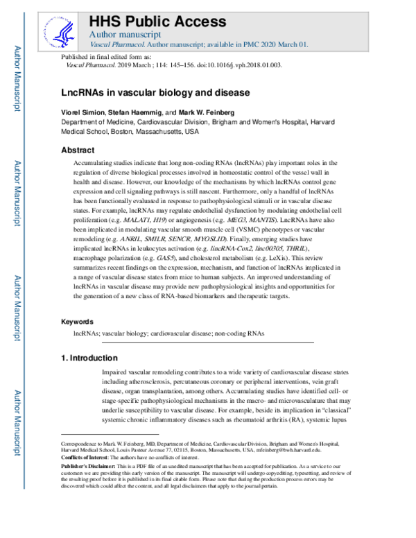 (PDF) LncRNAs in vascular biology and disease