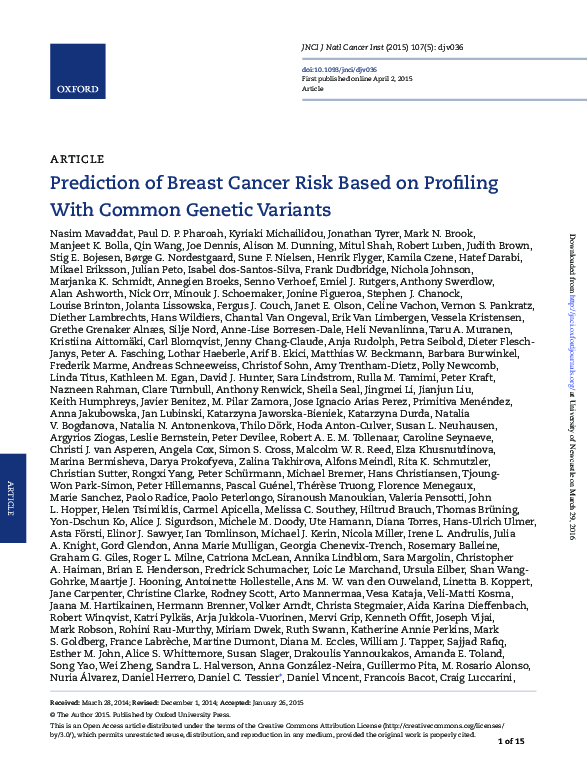 (PDF) Prediction of breast cancer risk based on profiling with common ...
