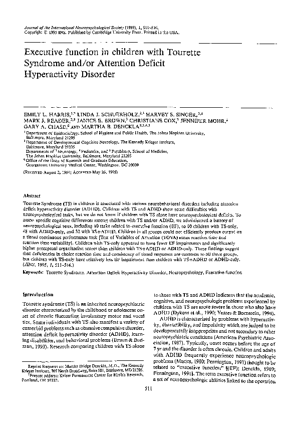 (PDF) Executive function in children with Tourette Syndrome and/or ...