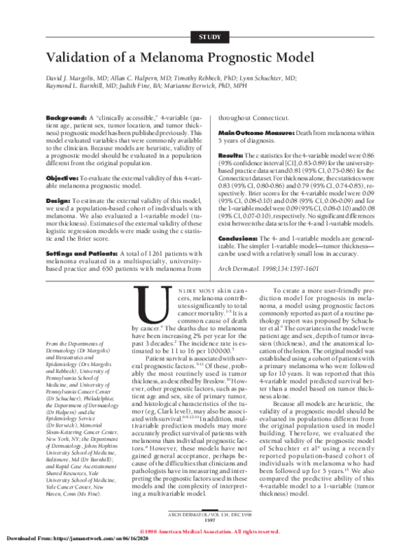 (PDF) Validation of a Melanoma Prognostic Model