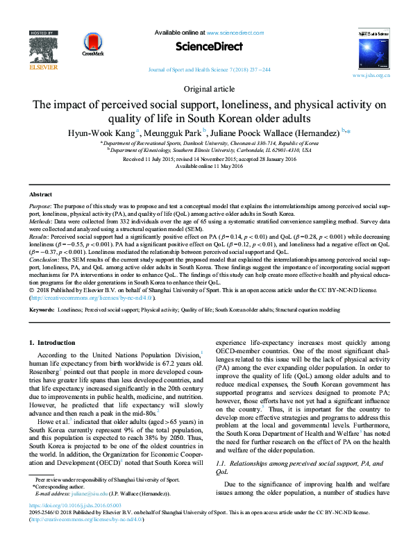 (PDF) The impact of perceived social support, loneliness, and physical ...
