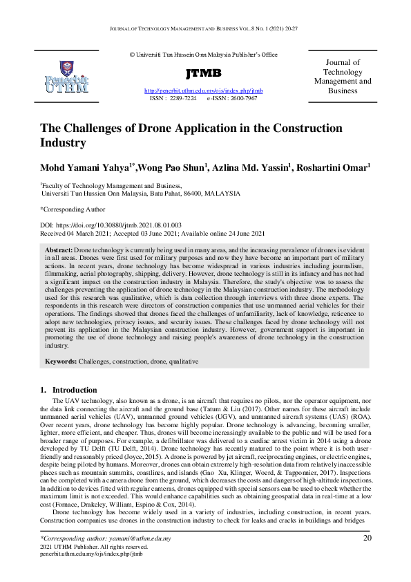 (PDF) The Challenges of Drone Application in the Construction Industry