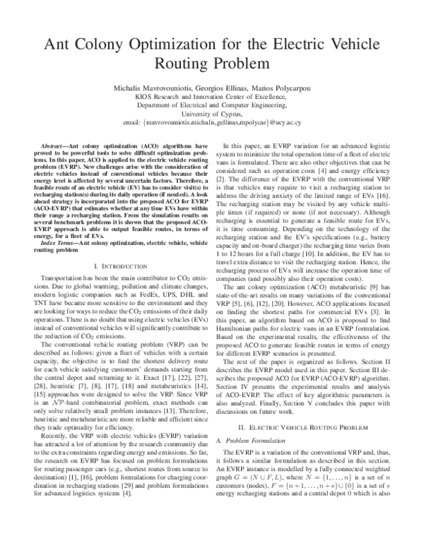 (PDF) Ant Colony optimization for the Electric Vehicle Routing Problem