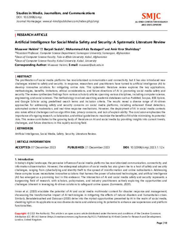 (PDF) Artificial Intelligence for Social Media Safety and Security: A ...