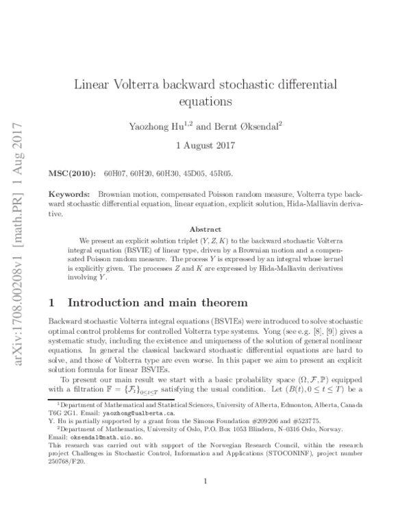 (PDF) Linear Volterra backward stochastic differential equations