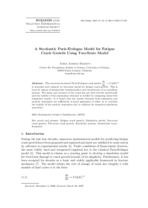 (PDF) A stochastic Paris-Erdogan model for fatigue crack growth using ...