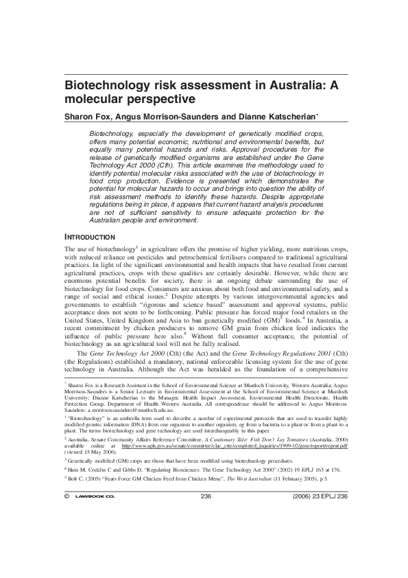(PDF) Biotechnology risk assessment in Australia: A molecular perspective