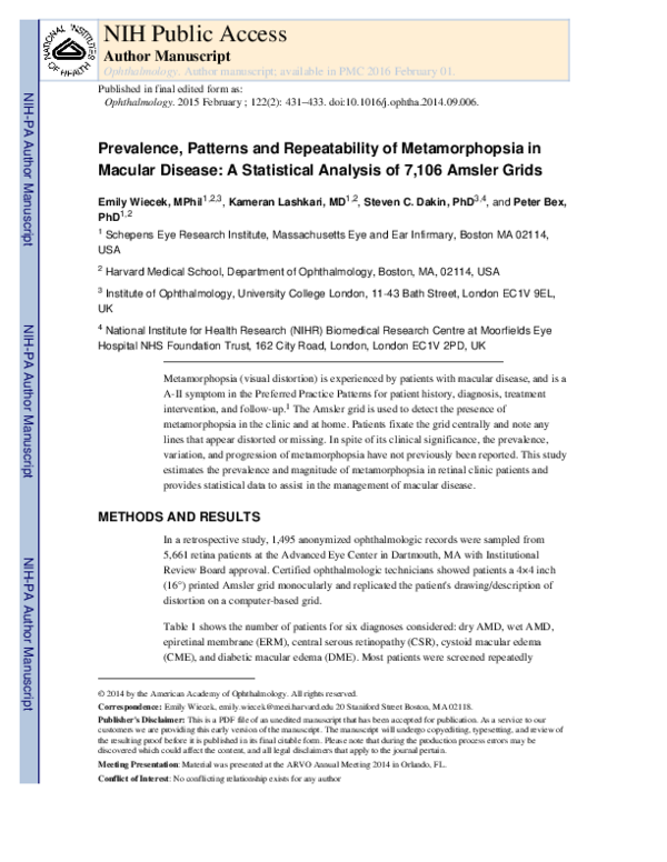 (PDF) A Statistical Analysis of Metamorphopsia in 7106 Amsler Grids
