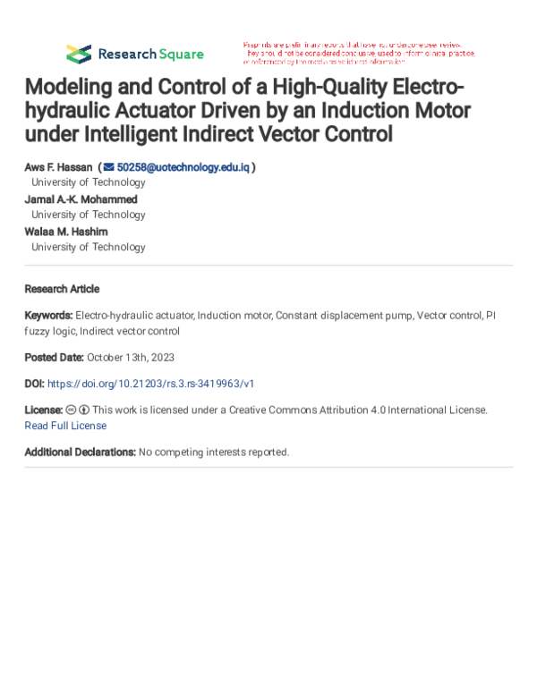 (PDF) Modeling and Control of a High-Quality Electro-hydraulic Actuator ...