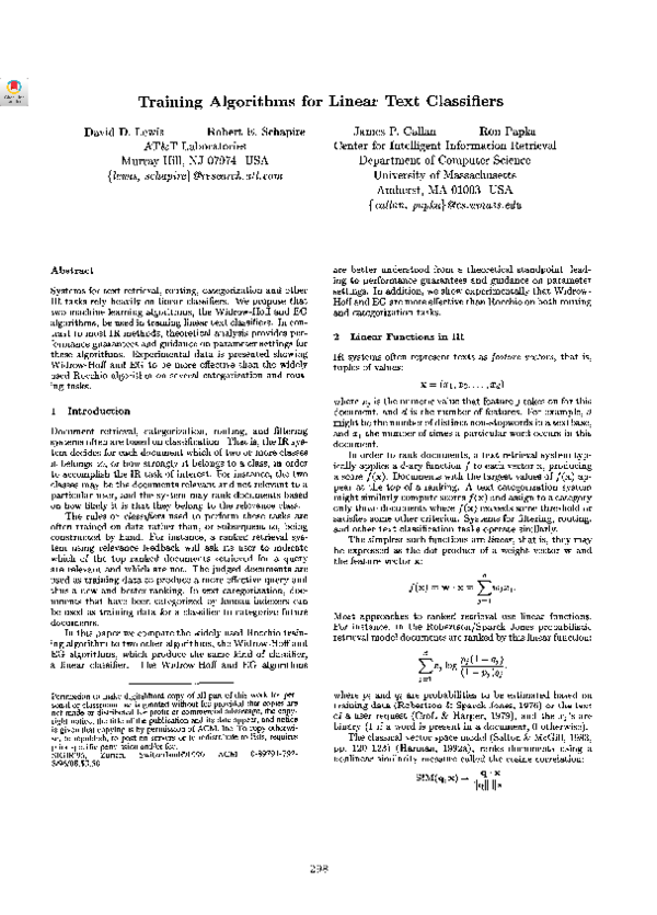 (PDF) Training algorithms for linear text classifiers