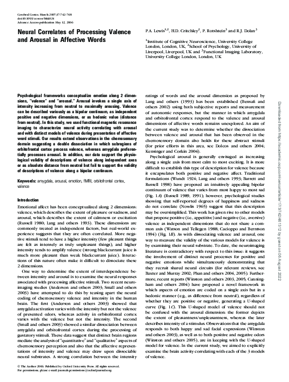 (PDF) Neural Correlates of Processing Valence and Arousal in Affective ...
