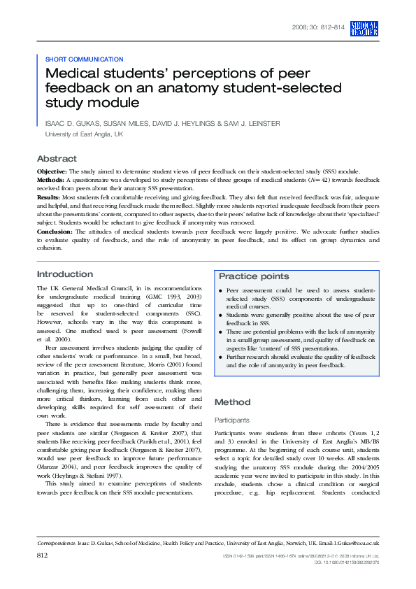 (PDF) Medical students’ perceptions of peer feedback on an anatomy ...