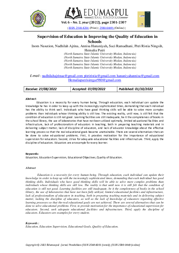 (PDF) Supervision of Education in Improving the Quality of Education in ...
