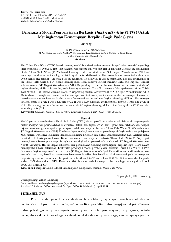 (PDF) Penerapan Model Pembelajaran Berbasis Think-Talk-Write (TTW ...