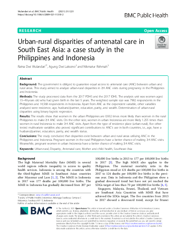 (PDF) Urban-rural disparities of antenatal care in South East Asia: a ...