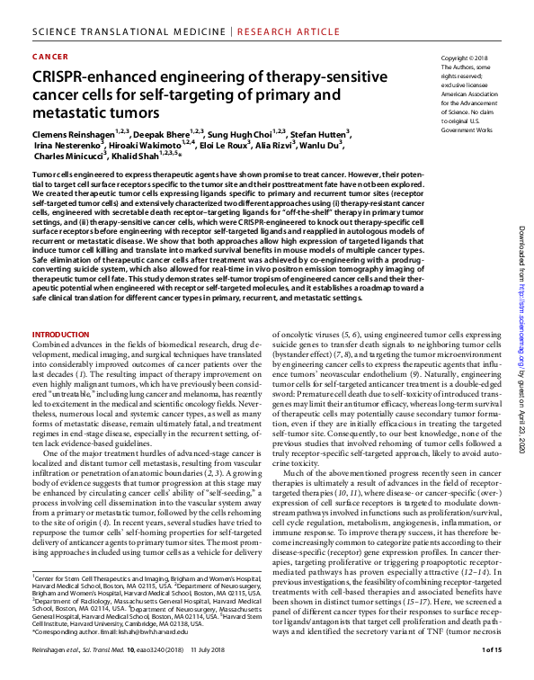 (PDF) CRISPR-enhanced engineering of therapy-sensitive cancer cells for ...