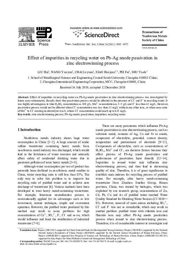 (PDF) Effect of impurities in recycling water on Pb-Ag anode ...