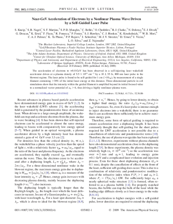 (PDF) Near-GeV Acceleration of Electrons by a Nonlinear Plasma Wave ...