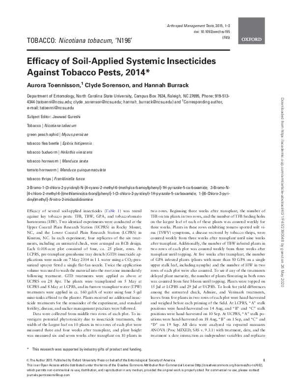 (PDF) Efficacy of Soil-Applied Systemic Insecticides Against Tobacco ...